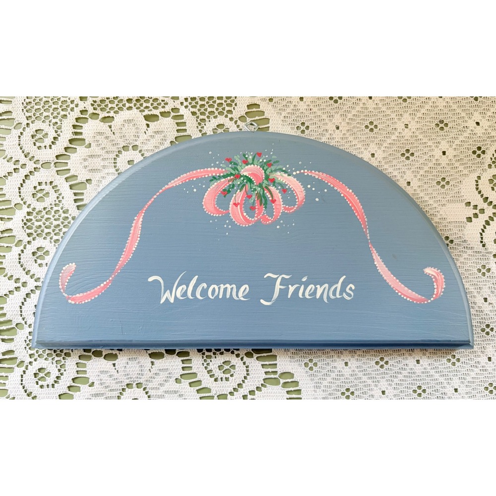 Vintage Hand Painted "Welcome Friends" Wooden Wall Sign | Cottage Decor
